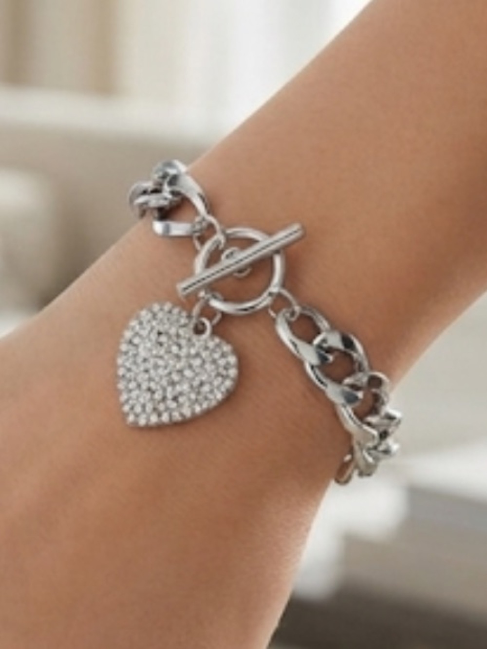 Juliet by Crystal Avenue Silver Heart Toggle Charm Bracelet